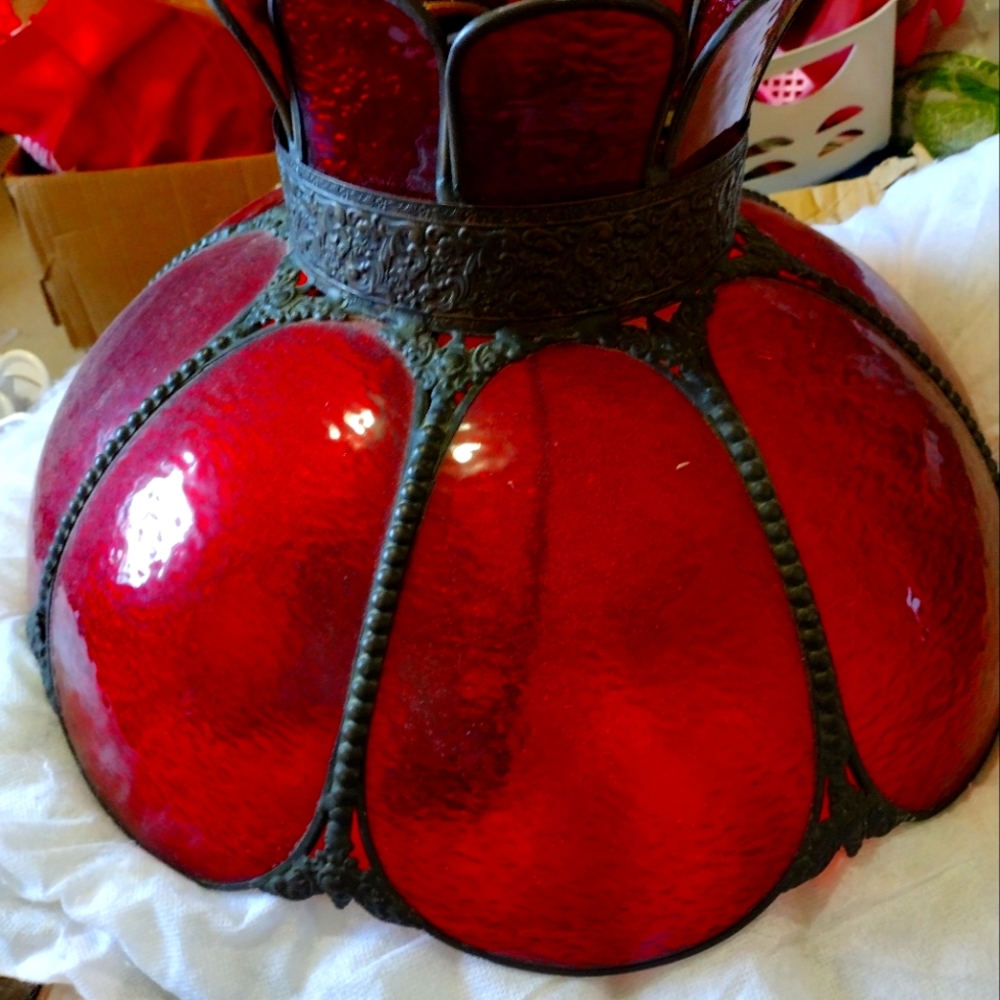 Vintage 80's Red glass/dark brass chandelier